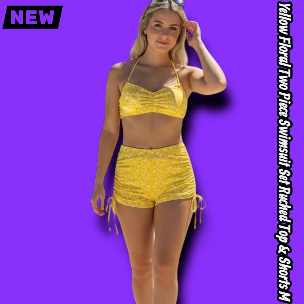 NEW Soly Hux Yellow Floral Two Piece Swimsuit Set Ruched Top & Shorts Size M
